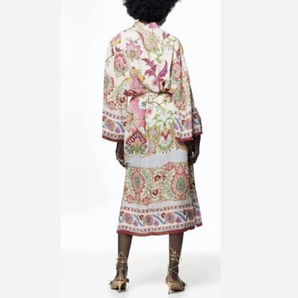 ZARA Pink Printed Belted Long Line Open Front Kimono Robe Duster Sz XS S M New - Picture 9 of 15